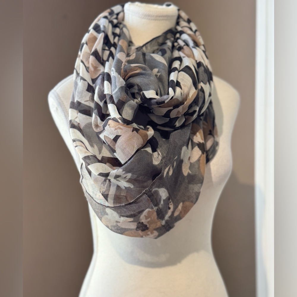 Infinity Scarf with Black and White Stripes and Gray, Taupe & Blush Flowers